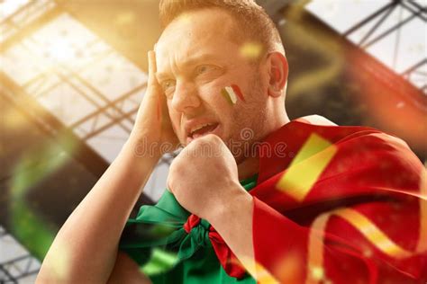 Tense Moment Football Soccer Fan Mature Man Emotionally Watching Live Match Competition