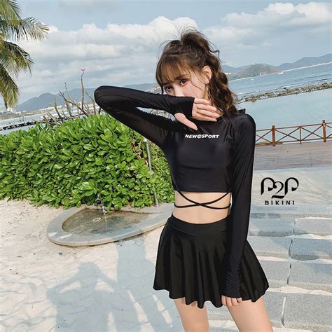 Đồ bơi Nữ mảnh áo tay dài có lỗ xỏ tay váy hai lớp phối dây P P B P P Bikini Thương