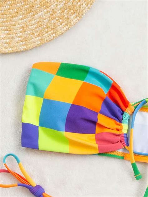 SHEIN Swim Vcay Colorful Checkered Bikini Set Bandeau Bra Thong Bottom 2 Piece Bathing Suit