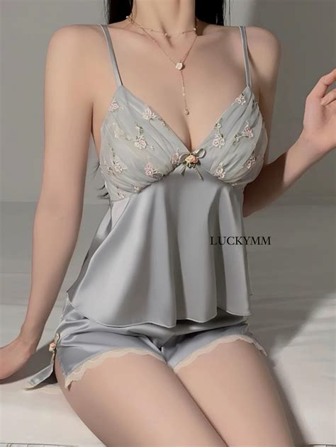 Jual Luckymm Sexy Lingerie Baju Tidur Setelan Wanita Dewasa Bigsize Satin Sleepwear Satin