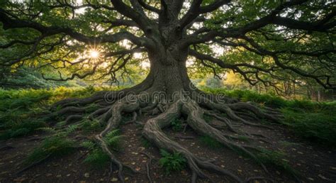 Majestic Ancient Tree with Exposed Roots at Sunset Stock Illustration ...