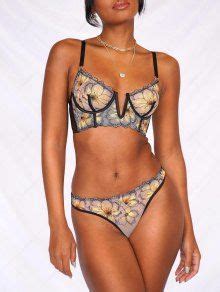 Women S Sexy Floral Embroidery Lingerie Set Sheer Mesh V Notch Underwire Tie Back Bra Thong