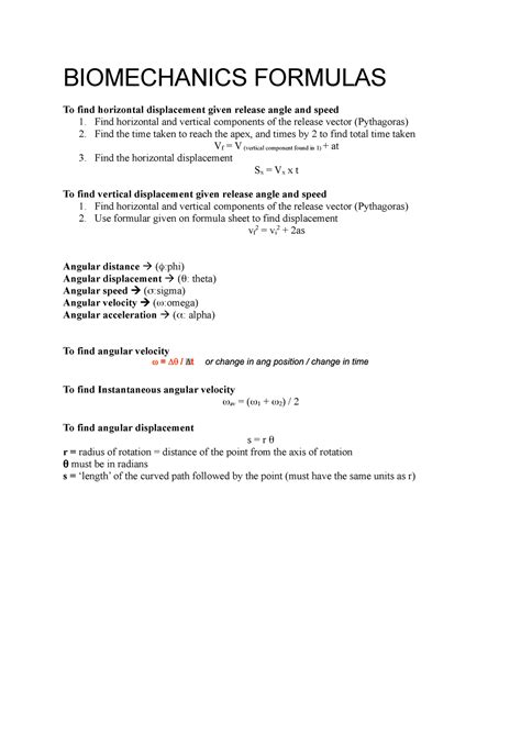 Biomechanics Formulas 400882 UWS Studocu