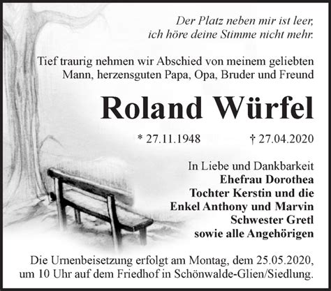 Traueranzeigen Von Roland W Rfel M Rkische Onlinezeitung Trauerportal