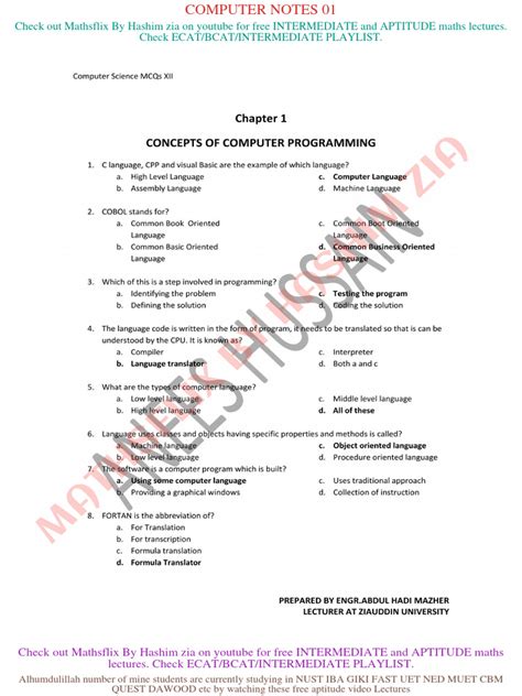 Chapter Wise Mcqs Pdf You Tube