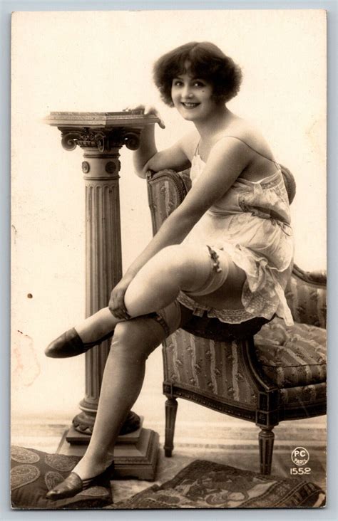 Vintage French Postcard Risque NUDE S Flapper Lady Sits In Stockings Heels Europe