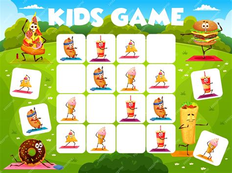 Судоку детская игра мультфильм фаст-фуд йога персонажи | Премиум векторы