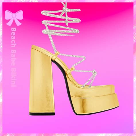 Nicole Embellished Lace Up Platform Heels Gold Beach Babe Bikini