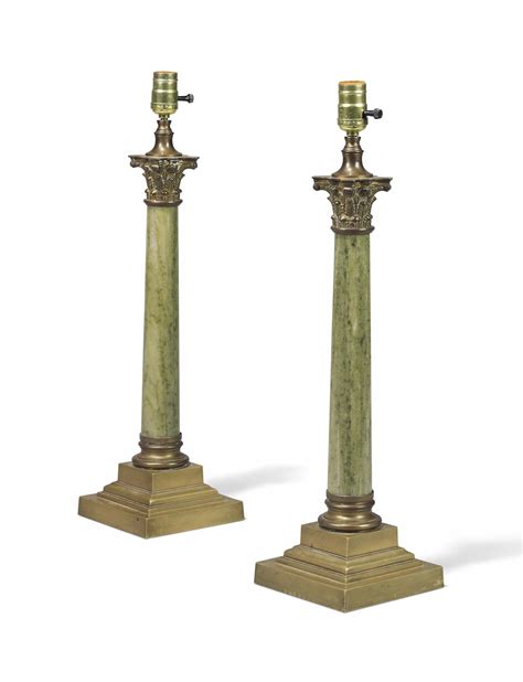 A Pair Of Gilt Brass And Green Marble Table Lamps First Half Th