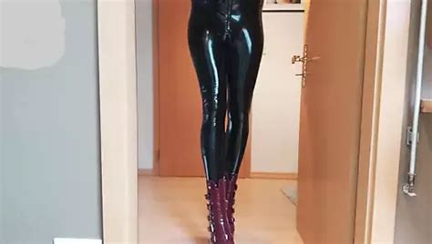 Trans Girl Teasing In Pvc Leggings And Sexy Lingerie Shemale Latex