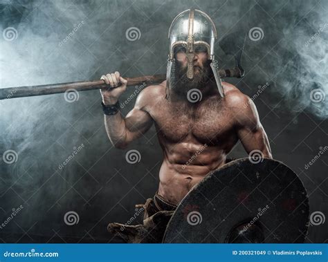 Armoured And Naked Viking Posing With Axe And Shield In Smoke Stock Image Image Of Period