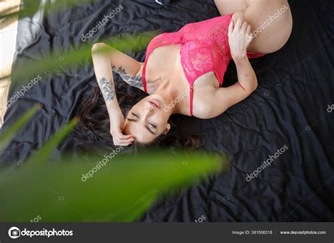 Charming Long Haired Model Pink Lingerie Posing Apartments Interior Stock Photo Schummyone