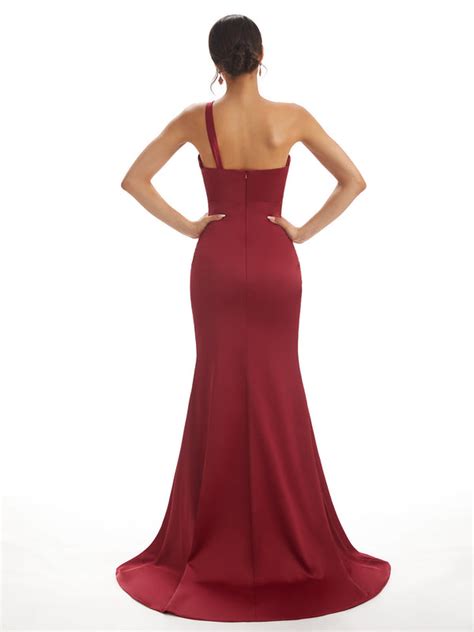 Sexy One Shoulder Soft Satin Spaghetti Strap Side Slit Mermaid Floor