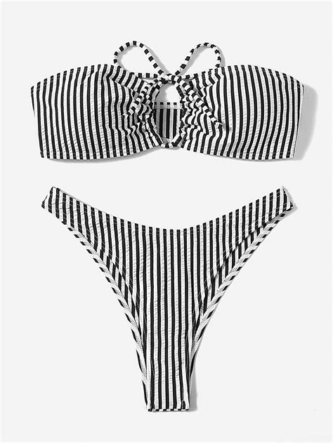 Striped Drawstring High Cut Bandeau Bikini Swimsuit