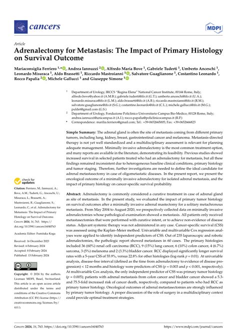 Pdf Adrenalectomy For Metastasis The Impact Of Primary Histology On