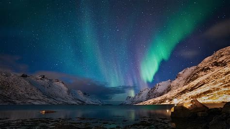 Bumi Aurora Borealis Islandia Danau Gunung Malam Salju Bintang