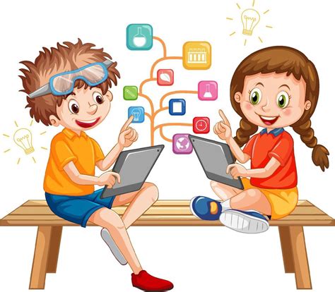 Kids using tablet with education icons 6037083 Vector Art at Vecteezy