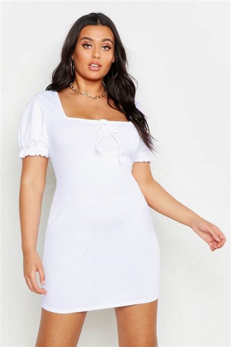 Plus Puff Sleeve Rib Square Neck Mini Dress Boohoo