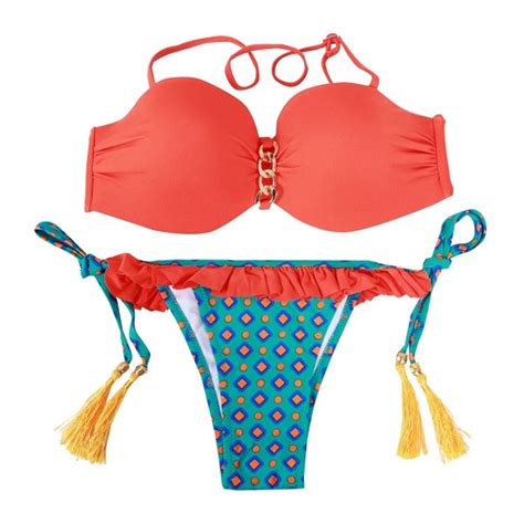 Floral Sexy Halter Juniors Bikini Sets Fringe Micro Thong Bathing Suits Red Top With Blue