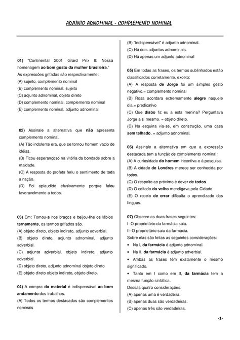 Exercicios Sobre Adjunto Adnominal