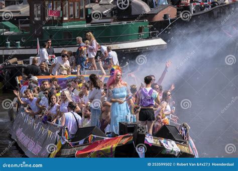 Close Up ASV Gay Boat At The Gaypride Canal Parade With Boats At Amsterdam The Netherlands