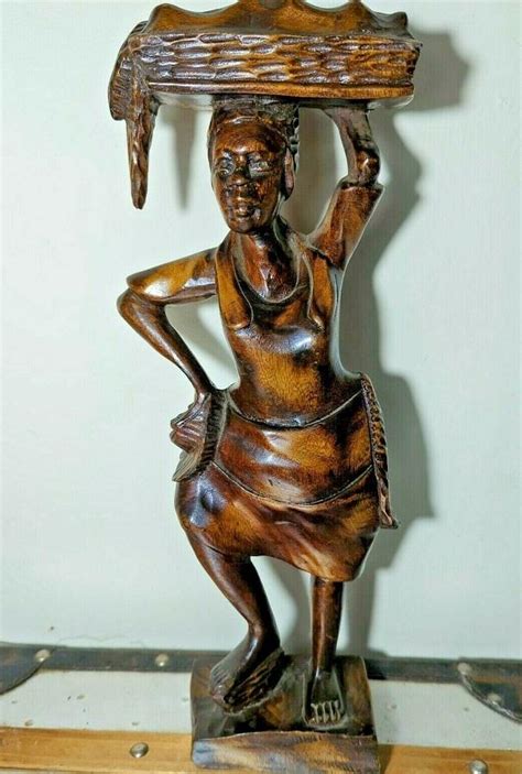 Haitian Art Hand Carved Hard Wood Sculpture Of Street Seller F Simeon