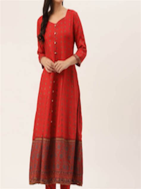 Buy Hereandnow Women Red Ethnic Motifs Printed Kurta With Trousers