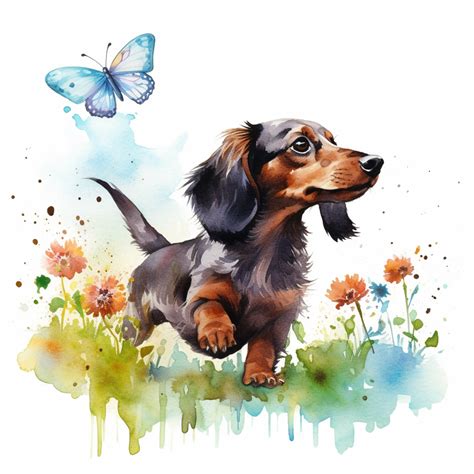 Playful Dachshund Chasing Butterflies In A Sunlit Garden Its Tail