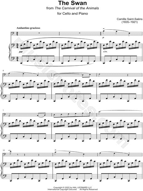 camille saint saens  swan cello piano sheet    major
