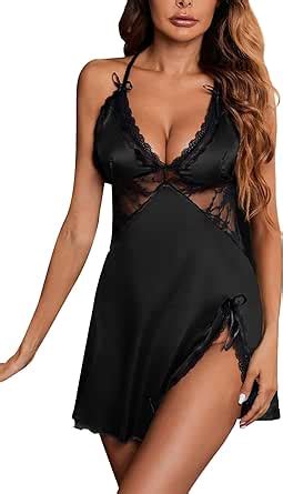 LYANER Women S Satin Lace V Neck Chemise Lingerie Split Slit Babydoll Nightgown Nightdress