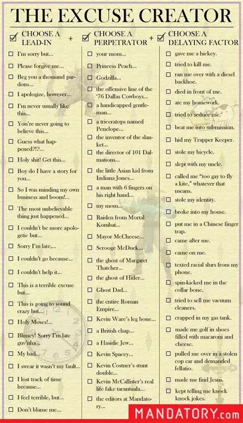 The Excuse Creator Checklist Funny Memes List Create Your Own Funny
