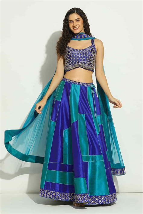 Buy Blue Dupion Silk Embroidery Geometric Scoop Patchwork Lehenga Set