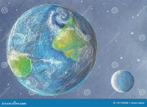 Earth and Moon in Sun Light in Crayon Style Stock Illustration ...