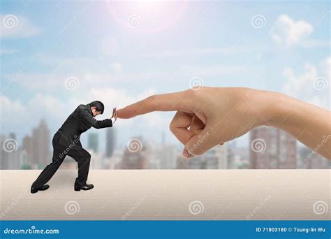 Small Man Pushing Against Big Woman Hand Stock Photo Image Of Finger