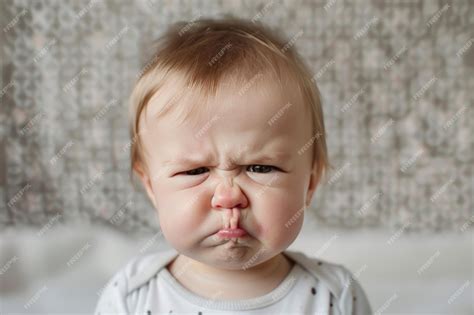 A portrait of a baby with a disgusted expression The nose is wrinkled
