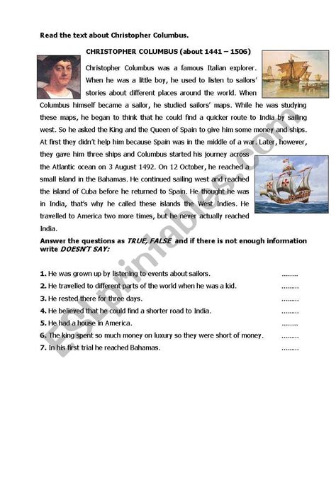 Christopher Columbus Worksheet For Elementary