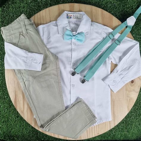 Calça Nude Camisa Branca Gravata Suspensório Verde Menta Batizado Pajem Formatura Casamento