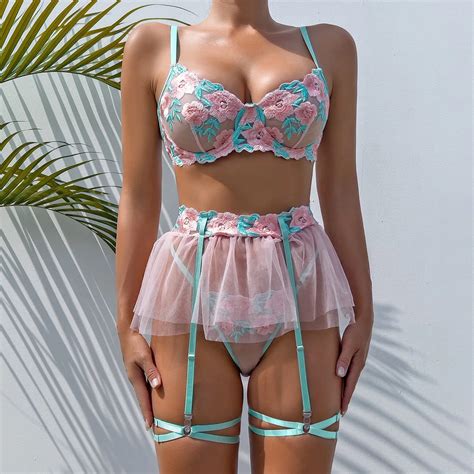 Erotic See Through Bikini Outfit Sexy Embroidery Lingerie With Garter Mesh Skirt Perspective