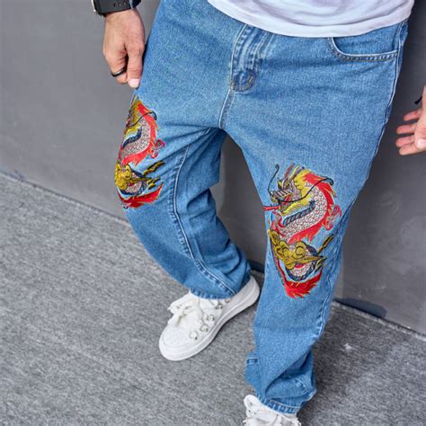 Vintage Dragon Embroidered Casual Jeans - Helloice Apparel