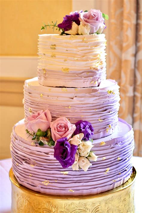 Purple Ombr Ruffled Buttercream Wedding Cake With Gold Leaf Flakes By