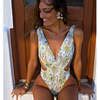 Free Shipping Newest Hot Summer Sexy Backless One Piece Deep V Neck Swimsuit Floral Peacock