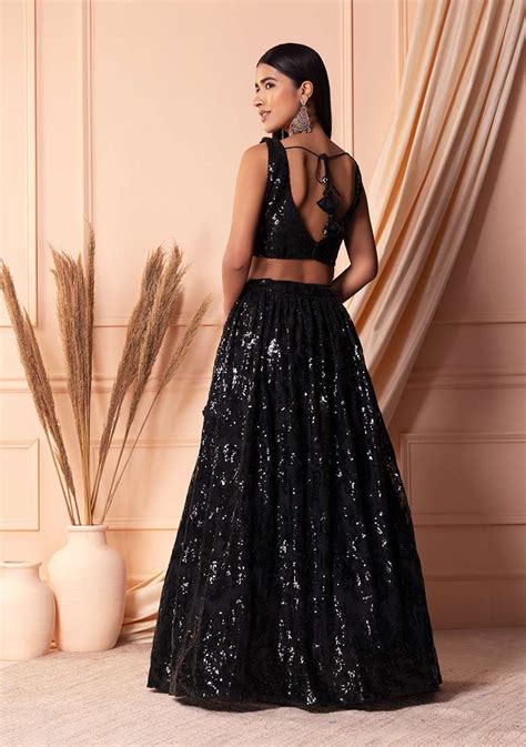 Buy Women Black Tonal Sequin Embroidered Lehenga Set With Blouse And