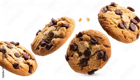 Falling Broken Chocolate Chip Cookies Isolated On White Background With