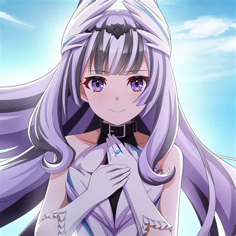 An Anime Girl With Long Purple Hair And Blue Eyes Holding Her Hands To