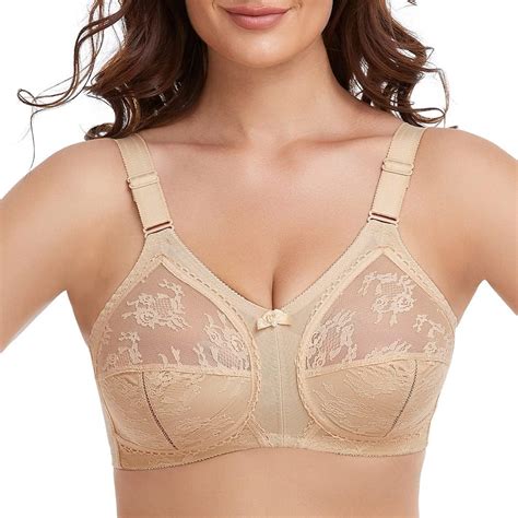 Telimussto Women S Sexy Floral Lace Bra Plus Size Lingerie Full Coverage Wirefree D Beige At