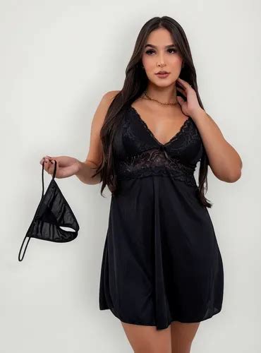 Camisola Preta Sensual Calcinha Renda Linha Lingerie MercadoLivre