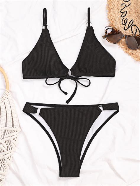 Shein Swim Basics Ribbed Bikini Set Ring Linked Tie Back Bra High Cut