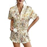 Ekouaer Womens Satin Pajamas Set Button Down Piece Silk Pjs Shorts Set Ruffle Lingerie Notch
