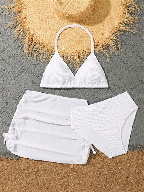 Tween Girl Pcs Bikini Sets Textured Fabric Swimwear With Bow Accent Skirt Fashion Leisure