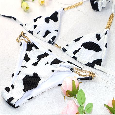 Bikini Metal Chain Swimsuit Cow Pattern Swimsuit Black Brown Etsy